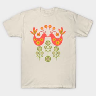 LOVE BIRDS Folk Art Mid-Century Modern Scandi Floral With Birds Flowers Feathers in Coral Orange Yellow Pink Green on Cream - UnBlink Studio by Jackie Tahara T-Shirt